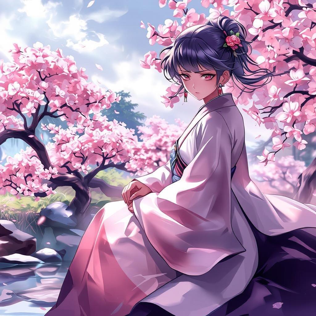 This stunning anime-style wallpaper features a serene and captivating scene of a woman sitting on a rock, surrounded by a beautiful garden of cherry blossom trees. The image exudes a sense of tranquility and wonder, making it perfect for desktop and mobile use.