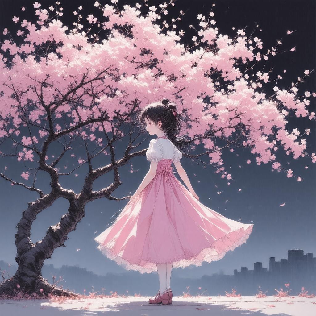 This captivating anime illustration features a young girl standing at the edge of a majestic cherry blossom tree, her vibrant pink and white dress contrasting the dark background. The piece captures a moment of tranquility, with a hint of mystery, focusing on her serene expression.