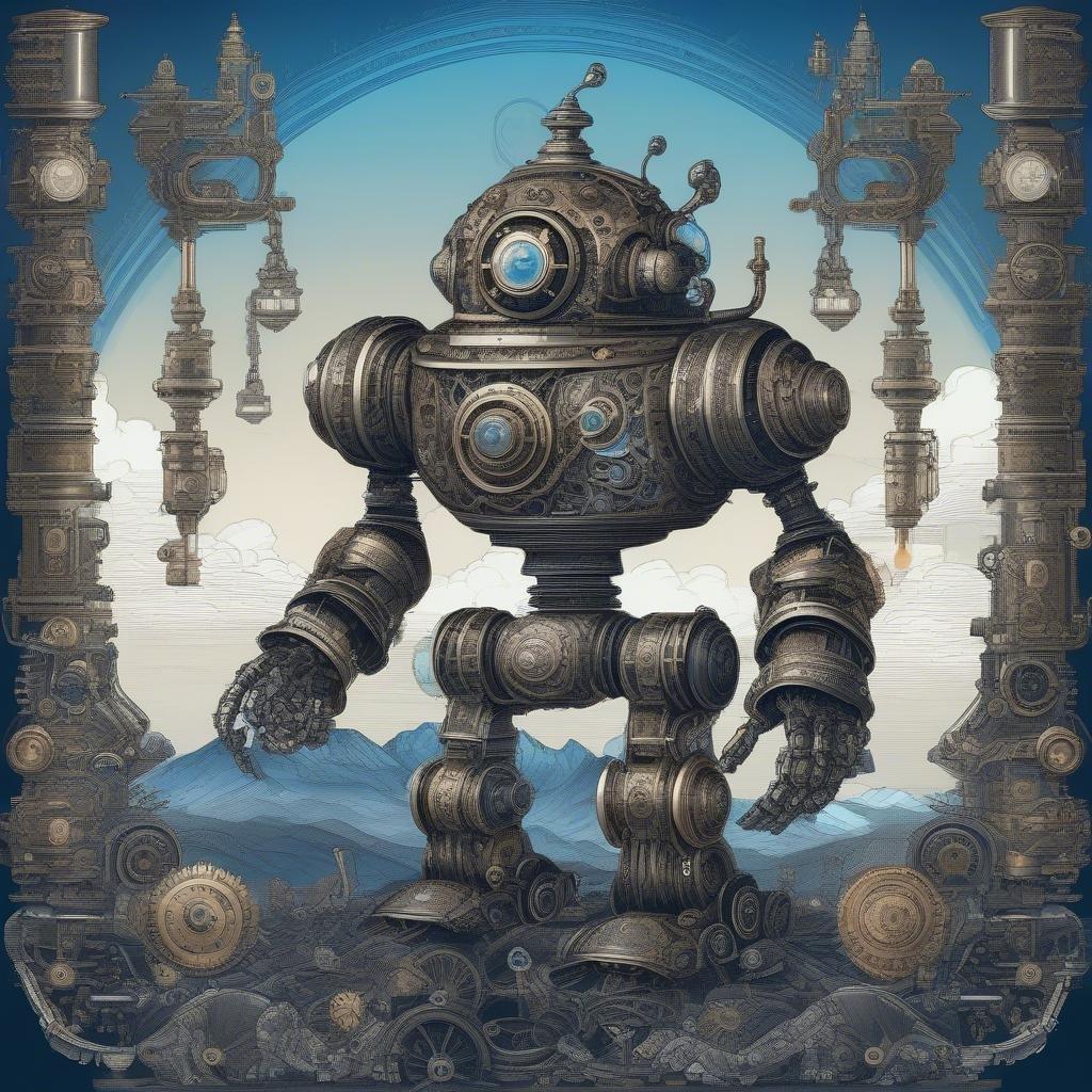 An intricately designed steampunk robot stands atop a mountain of gears and cogs, emitting an energy that speaks to the heart of any lover of mechanical marvels. The robot's helmet adds a touch of mystique, while its body's sleek black and silver design hints at a blend of old and new.