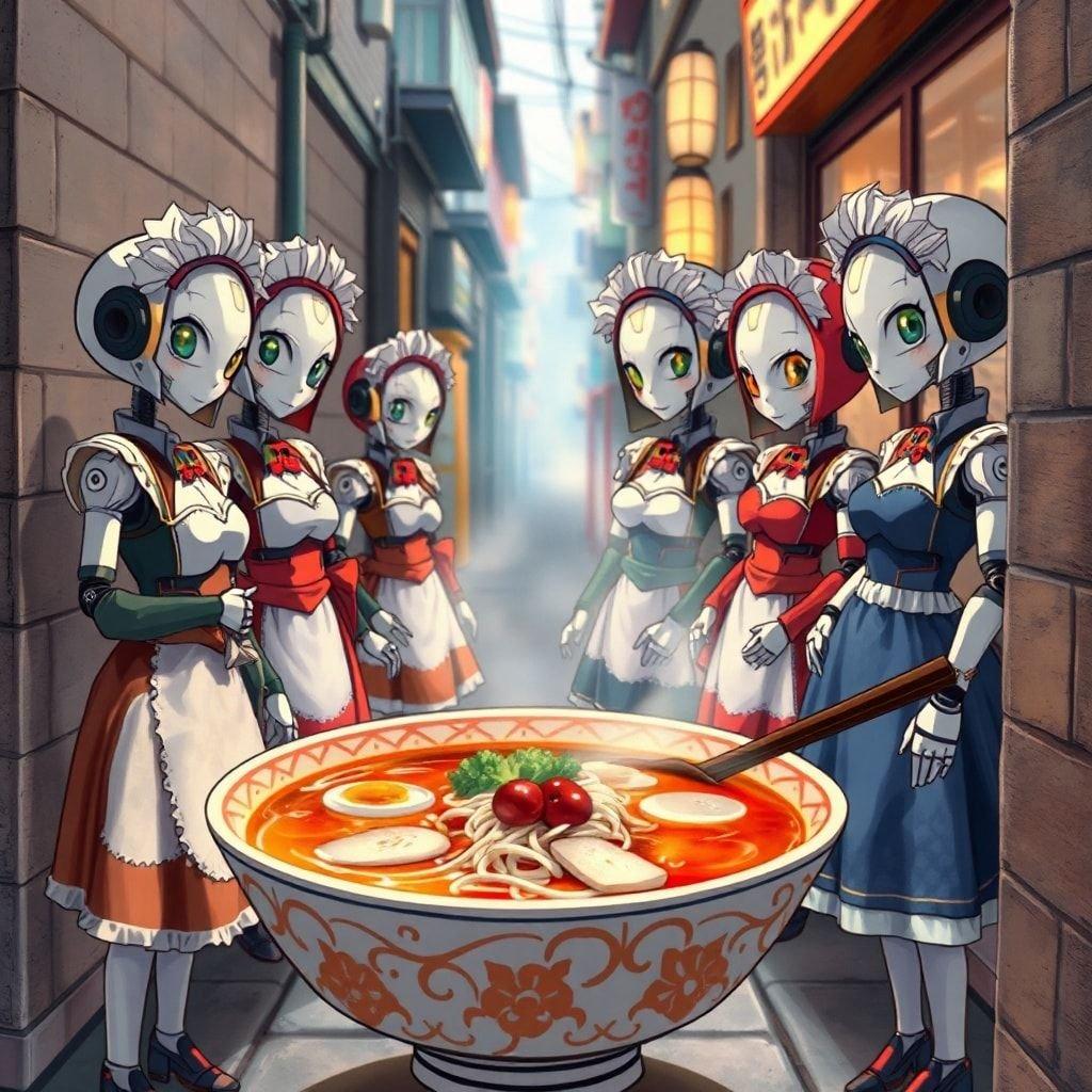 Tauchen Sie ein in die lebendige Welt des Anime mit diesem fesselnden Wallpaper, das eine Gruppe skurriler Roboter-Mädchen zeigt. Jede Maid ist einzigartig in einem bunten Outfit und Hut gekleidet, vor dem Hintergrund einer japanischen Gasse. Die filigranen Details ihrer Kleidung und die dampfende Schüssel Ramen stehen im Mittelpunkt und schaffen eine intime und einladende Atmosphäre.