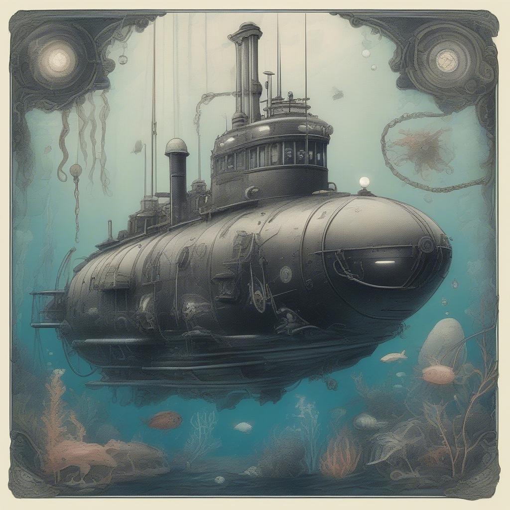 Dive into the past with this vintage submarine scene, reminiscent of early ocean exploration. The image captures a moment in time when man's curiosity led him to chart unseen depths. The detailed illustration brings back the era of mechanical marvels and daring underwater voyages.