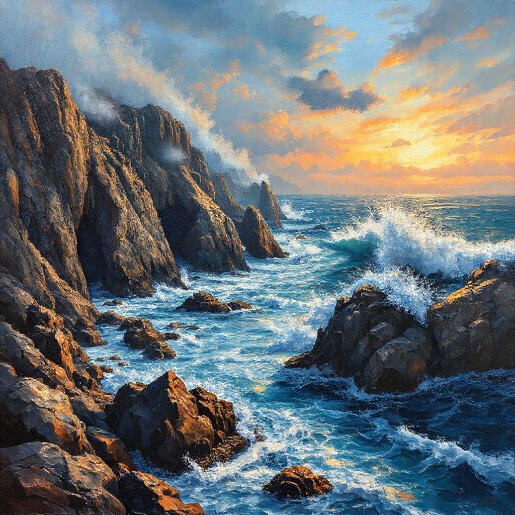 A breathtaking view of a rocky coastline at sunset, with waves crashing against the shore and a cloudy sky in the background.