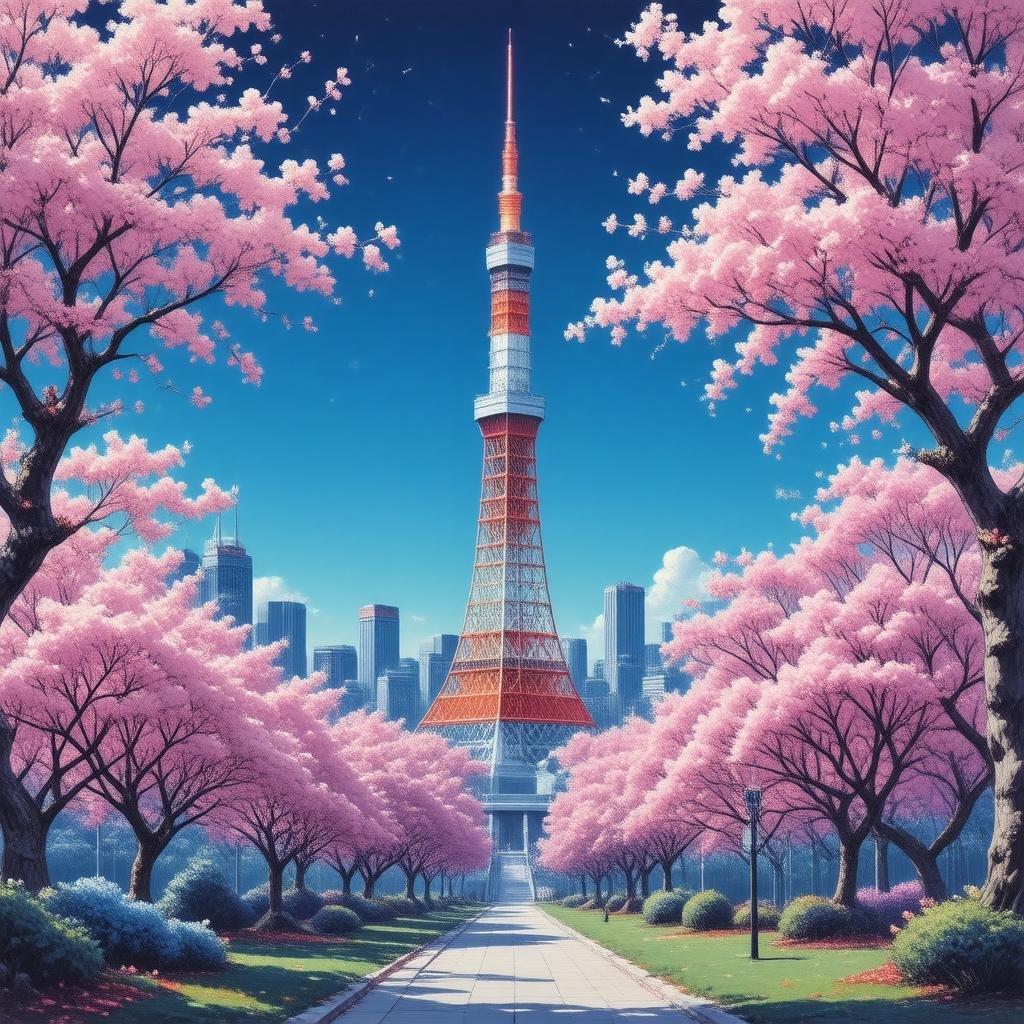 En fantastisk digital illustration av Tokyo Tower omgiven av körsbärsträd och livliga neonskyltar, perfekt för animefans.