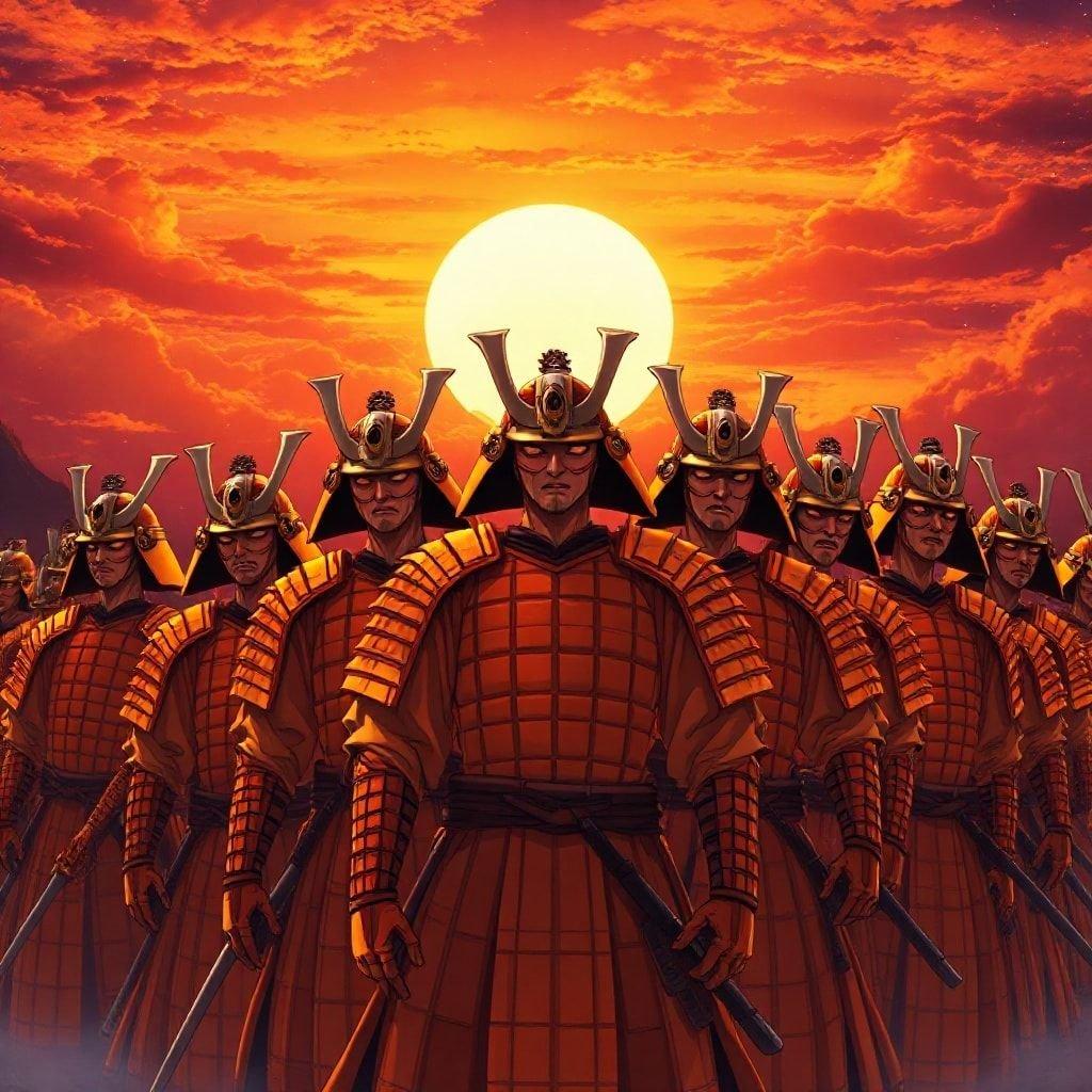 This stunning wallpaper showcases a group of samurai warriors in battle gear, set against the backdrop of a breathtaking sunset. The vibrant orange and yellow armor of the warriors stands out against the dark background, creating a striking visual contrast. The scene is set during sunset, with a dramatic sky filled with stars and a glowing sun behind them.