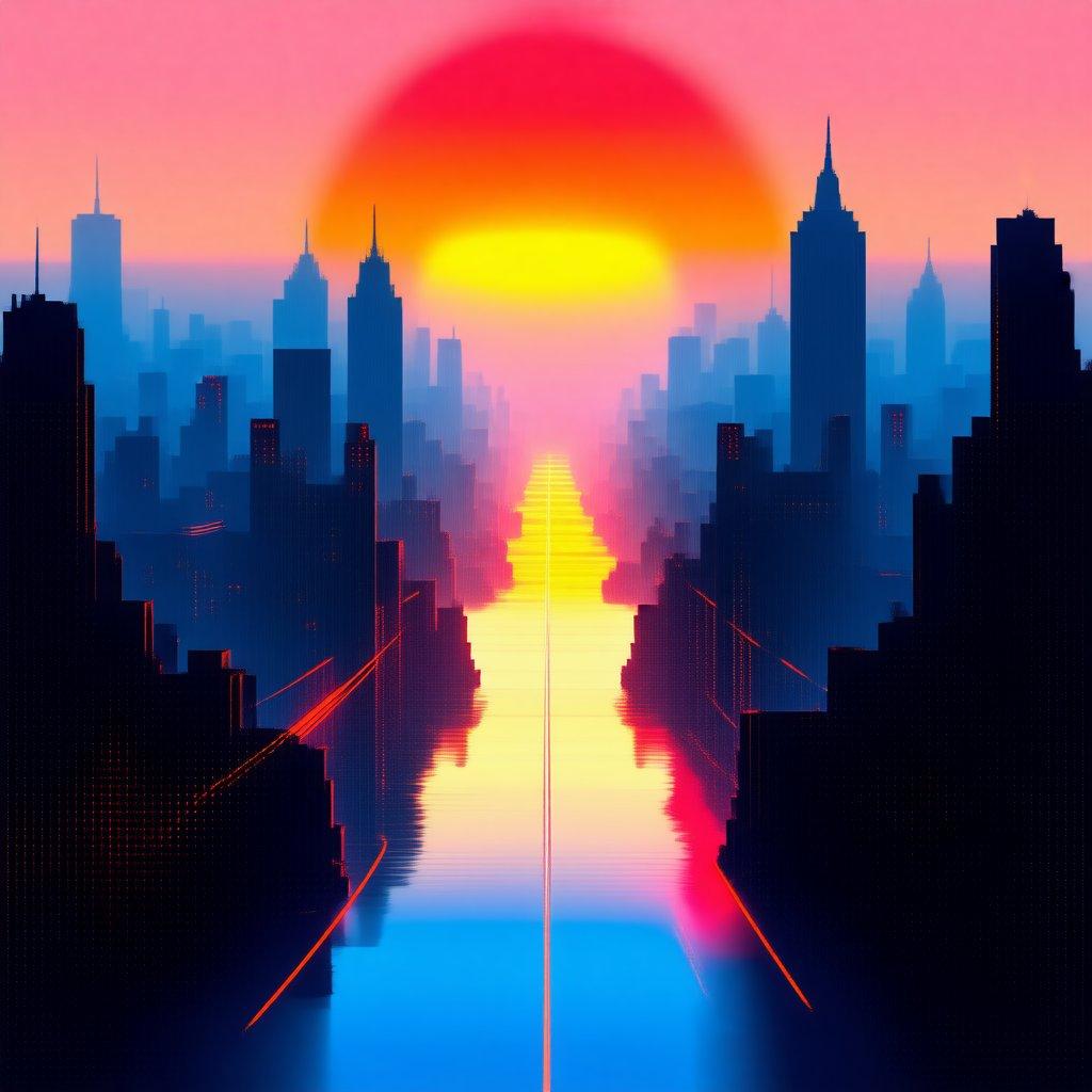 This digital artwork captures the vibrancy of a sunset in an urban setting, with a reflection pool leading to the iconic skyline of New York City. The image is perfect for those who appreciate digital illustrations and are looking for a wallpaper that combines cityscapes with serene sunsets.