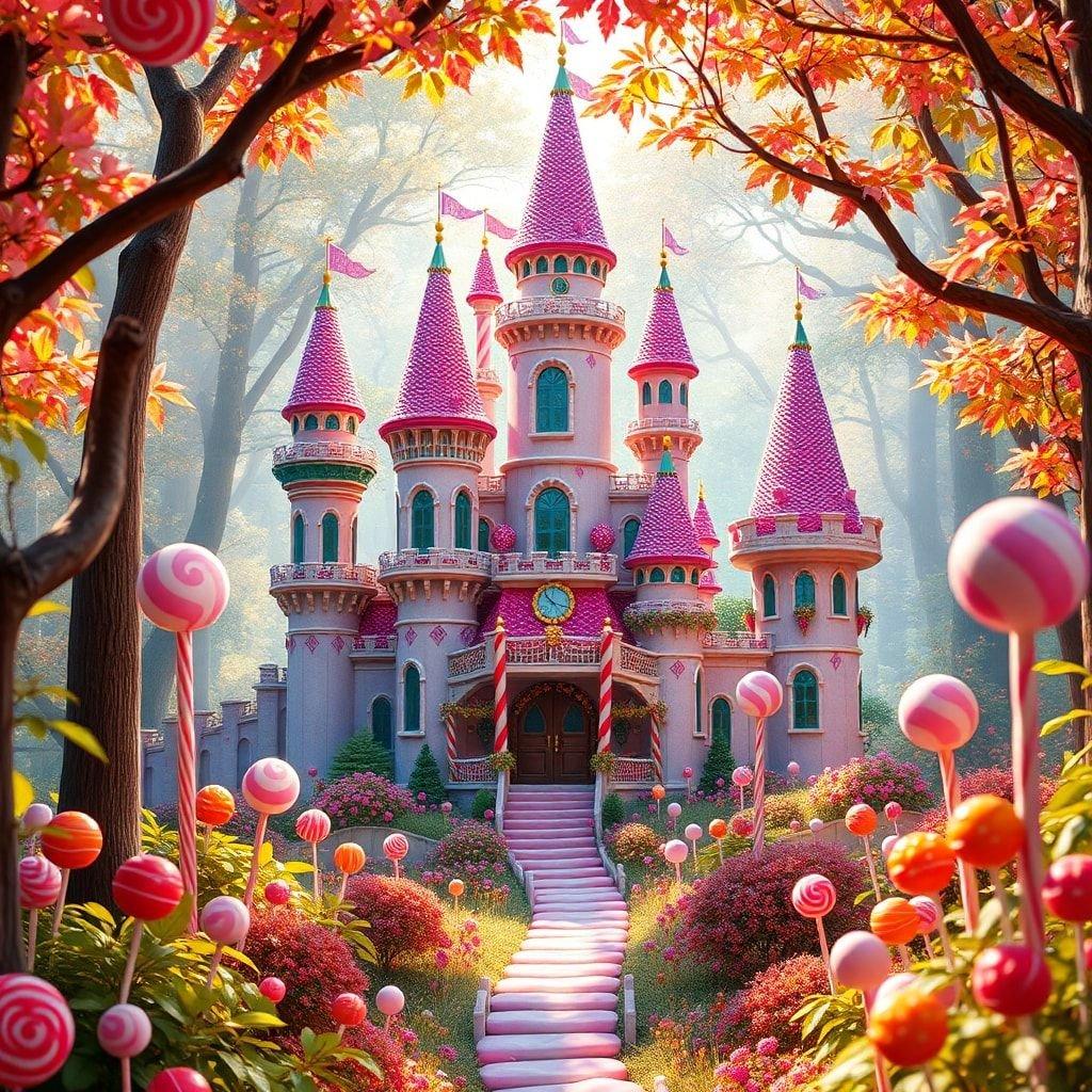 Step into a world of wonder and magic with this enchanting candy castle wallpaper. Surrounded by lush greenery and vibrant flowers, this whimsical scene is sure to transport you to a place of fantasy and adventure.