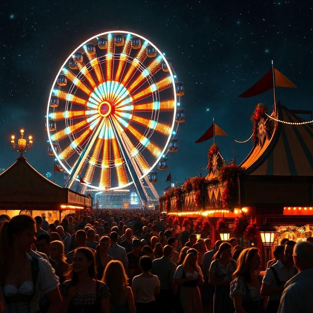 Bustling night scene at the Oktoberfest fair with vibrant lights, a large Ferris wheel in motion, and people enjoying their time outdoors.