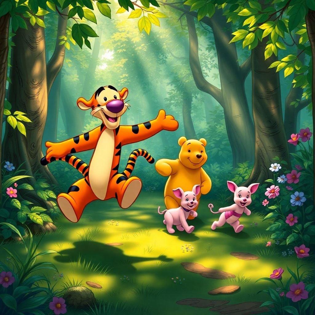 This wallpaper features Winnie the Pooh and his friends Tigger, Piglet, and Eeyore in a fun and playful scene in the forest. The image is perfect for fans of the beloved Disney characters and is sure to bring a smile to your face.