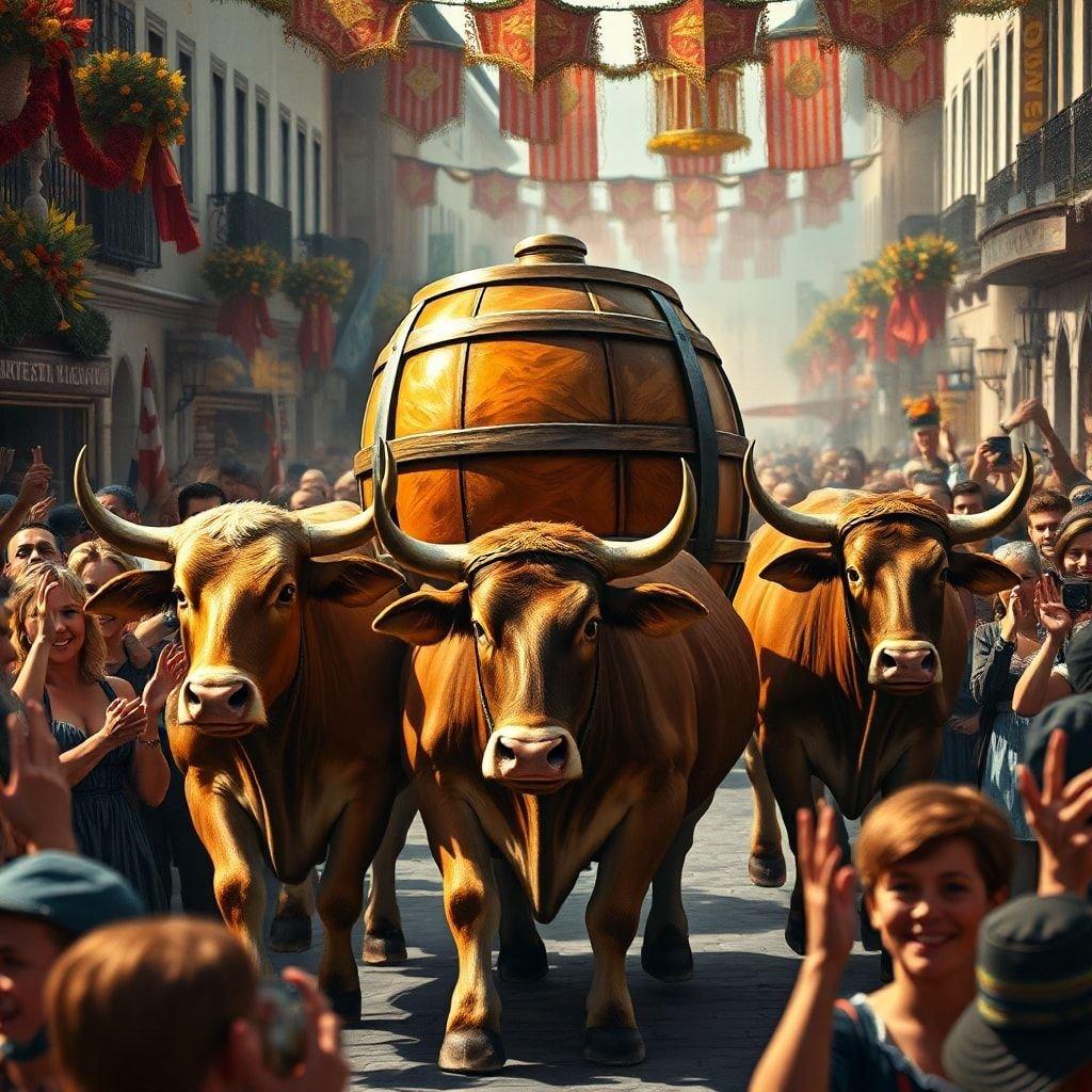 Experience the vibrant spirit of Oktoberfest with this stunning wallpaper. The image captures the essence of the festival, featuring a majestic oxen pulling a large beer barrel through a lively street scene. The atmosphere is electric, with people cheering and celebrating in the background. This wallpaper is perfect for anyone who loves the excitement and joy of Oktoberfest.