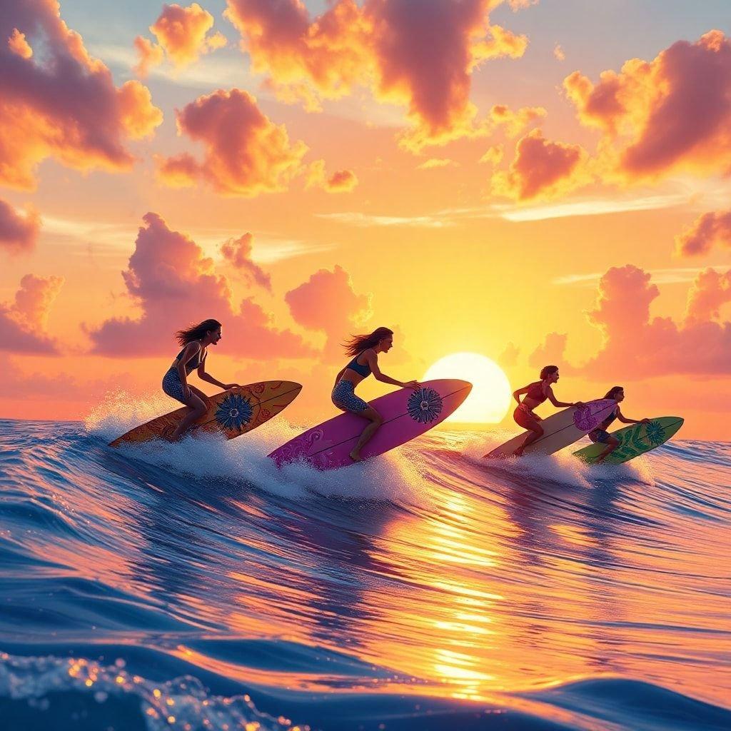 Um grupo de jovens mulheres pegando as ondas do pôr do sol em suas pranchas de surf, uma cena de camaradagem e aventura.