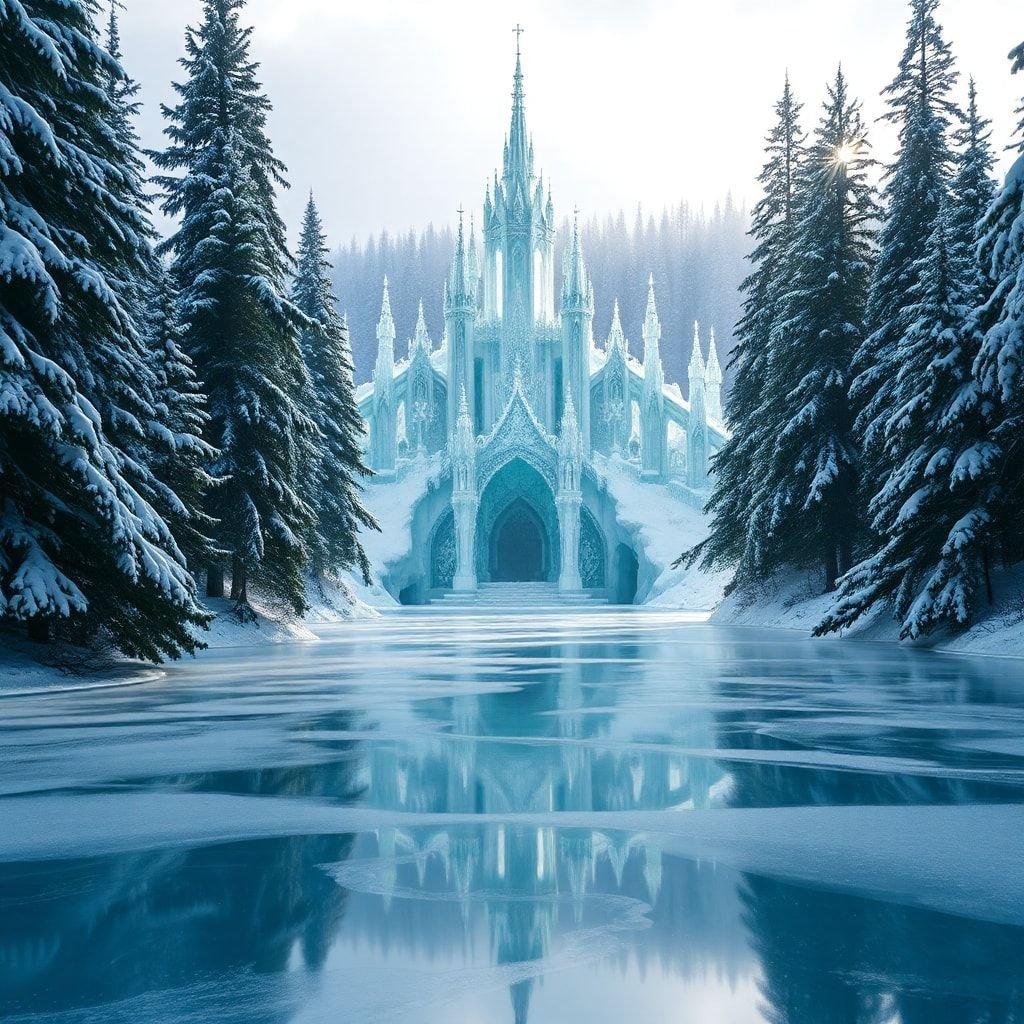 Spectacular view of the fairytale-like cathedral, bathed in winter sunlight, with pristine snow covering the ground and the tranquil lake in front.