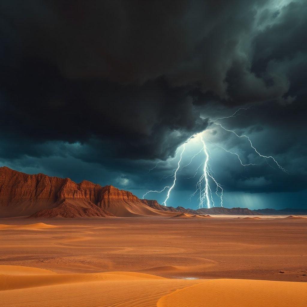 Uma dramática paisagem desértica sob um céu ominoso, com uma poderosa tempestade se aproximando. Uma vista deslumbrante que captura a beleza crua e a intensidade dos elementos da natureza.