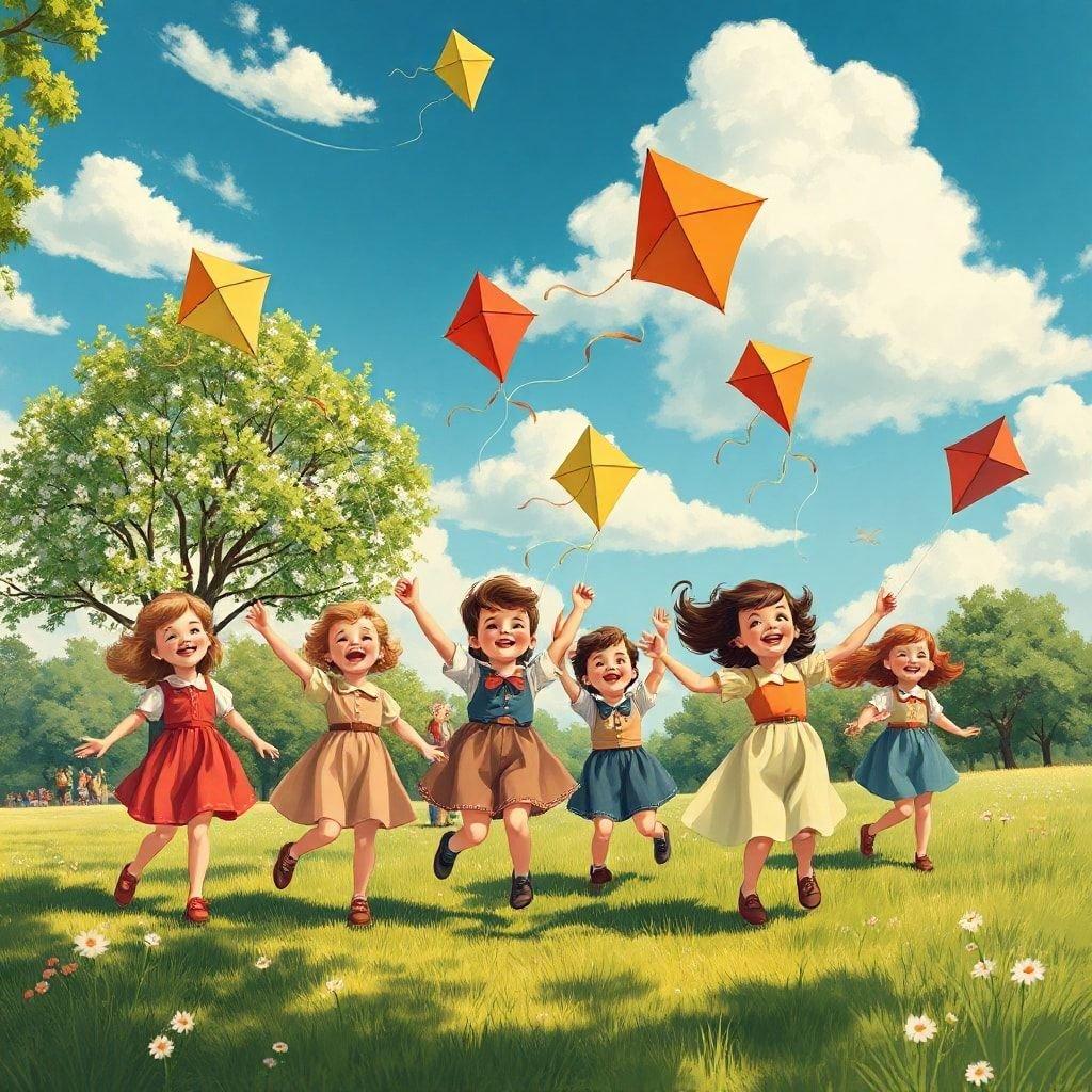 In this vibrant and nostalgic scene, a group of children are joyfully flying kites on a clear day. The image captures the essence of simple joys and carefree childhood moments. With trees framing the background and a bright blue sky overhead, it's as if you can almost feel the breeze against your face. This image is perfect for those who appreciate the charm of vintage illustrations and the innocence of youth.