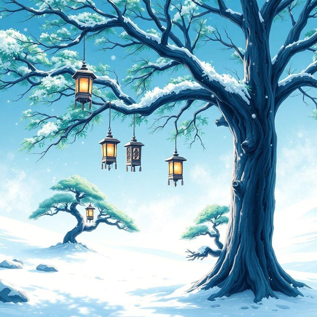 Immerse yourself in the serene beauty of this anime-inspired winter scene, where delicate stone lanterns adorn a snow-covered tree branch, surrounded by the tranquility of a snowy landscape.