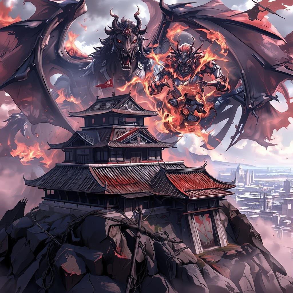 Immerse yourself in the epic world of anime with this captivating fantasy siege wallpaper. A feudal Japanese castle stands strong against a backdrop of a hazy sky and a distant cityscape, while a large horse of mechanical demons looms in the foreground, its rusted metal roof a testament to the battle-scarred landscape.