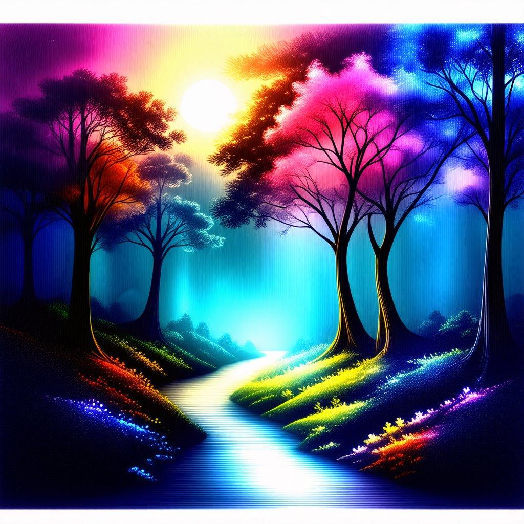 A serene fantasy artwork depicting a magical forest path leading to the warm glow of a setting sun. The forest is awash with the soft purples, blues and pinks of twilight, creating an atmosphere of tranquility and wonder.