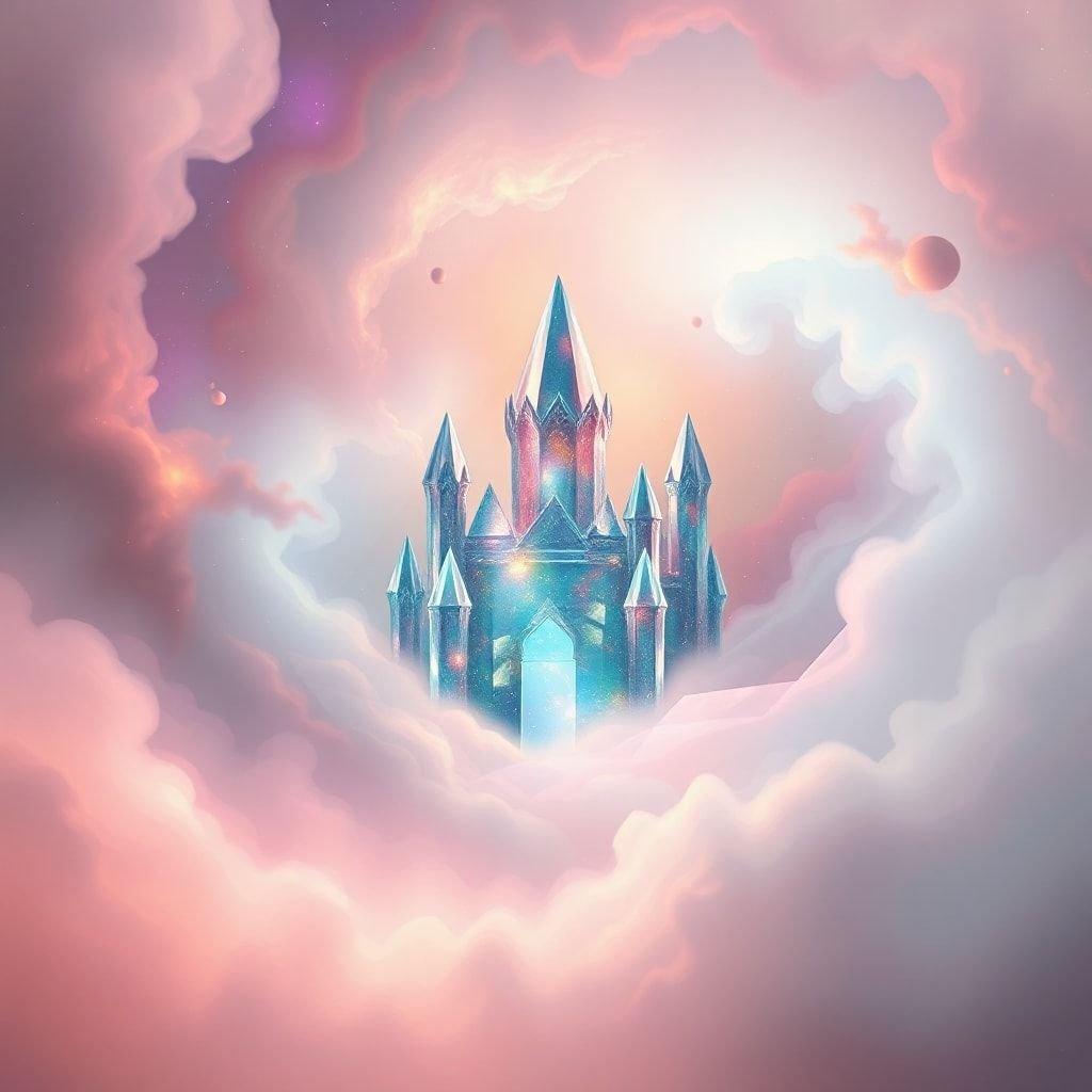 This abstract wallpaper features a majestic castle floating in the clouds, creating a surreal and dreamy atmosphere.