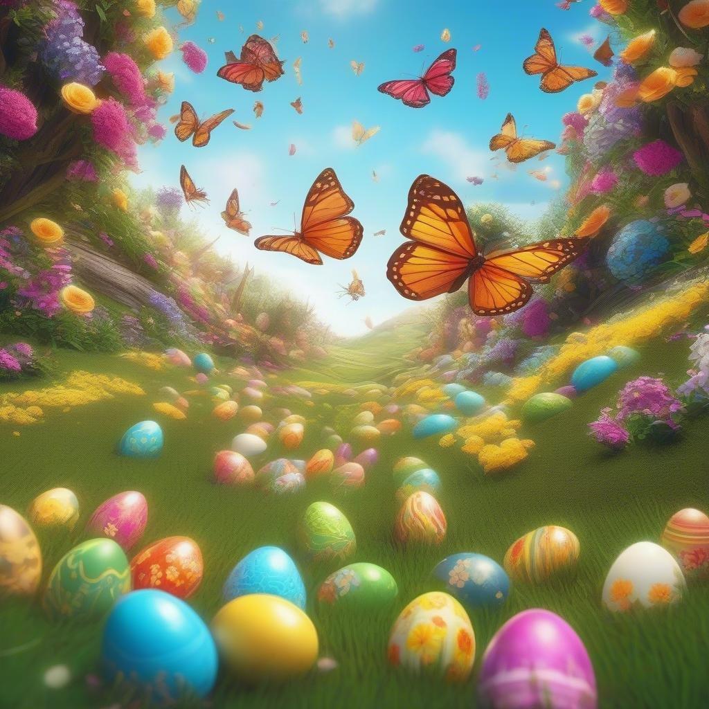 Hop into the Easter spirit with this vibrant wallpaper featuring colorful eggs and butterflies.