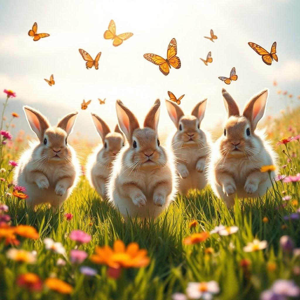 This wallpaper features a group of rabbits hopping through a field of flowers, creating a playful and serene atmosphere.