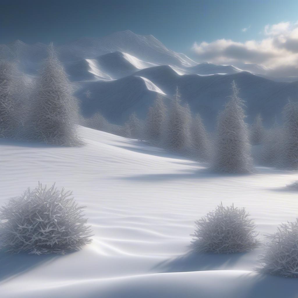 Un paesaggio invernale tranquillo con alberi coperti di neve e maestose montagne sullo sfondo.