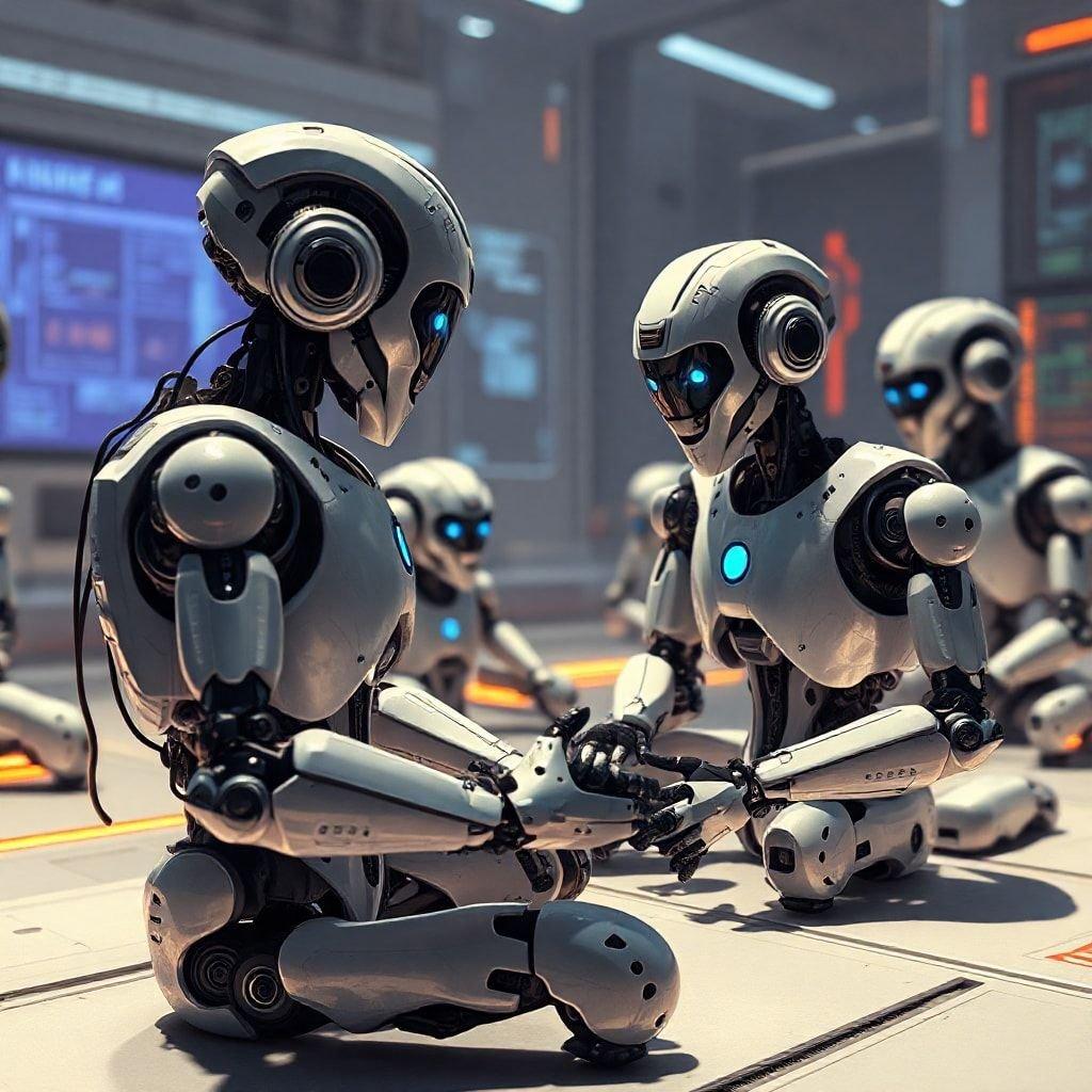 In this captivating scene, robots work together in perfect harmony, highlighting their advanced technology and collaborative capabilities.