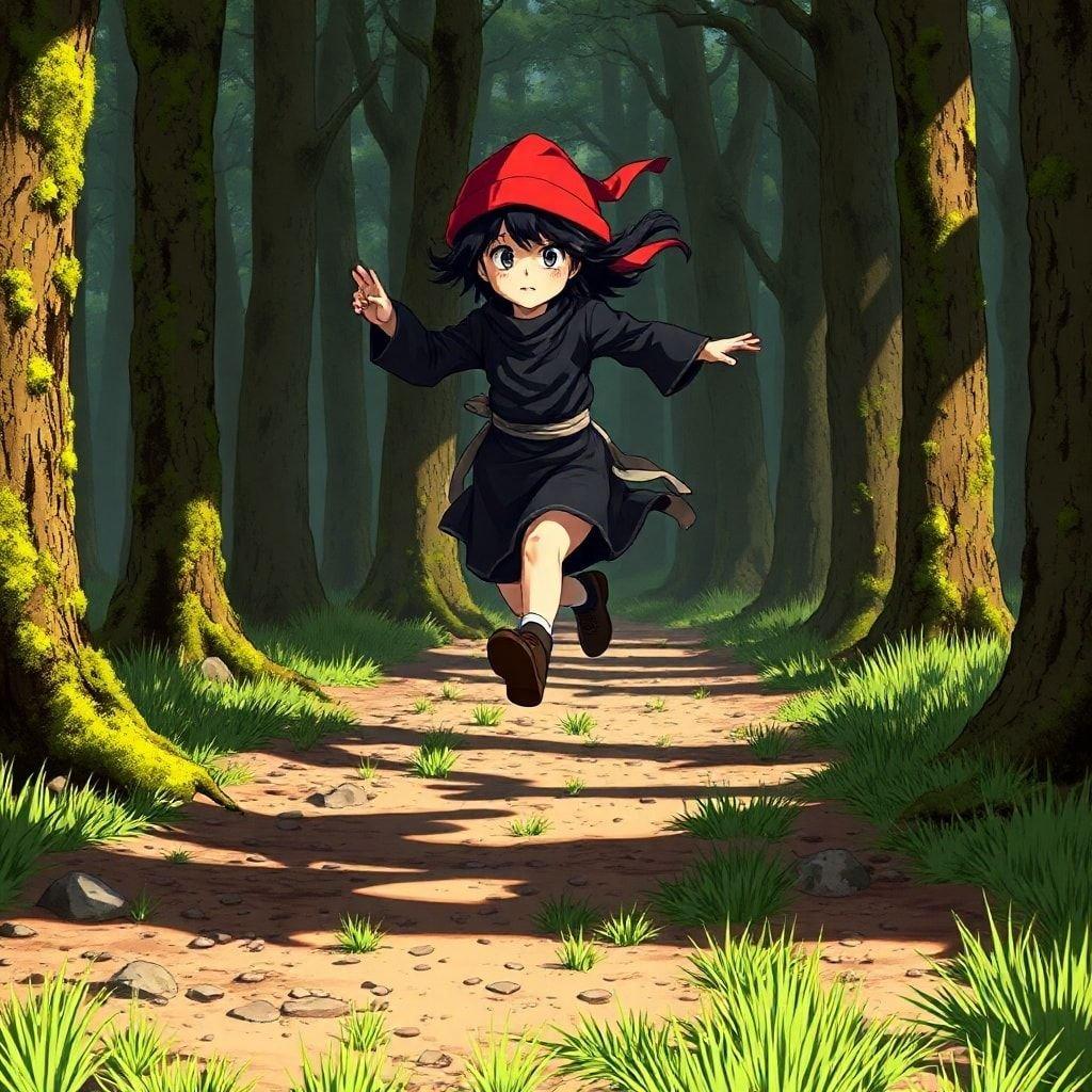 This anime-style wallpaper features a young girl jumping through the shadows of a forest, wearing a black ninja dress and a red hat. The scene is set in a dirt path with small rocks and trees covered in moss, with the sun shining on the forest and the grass.