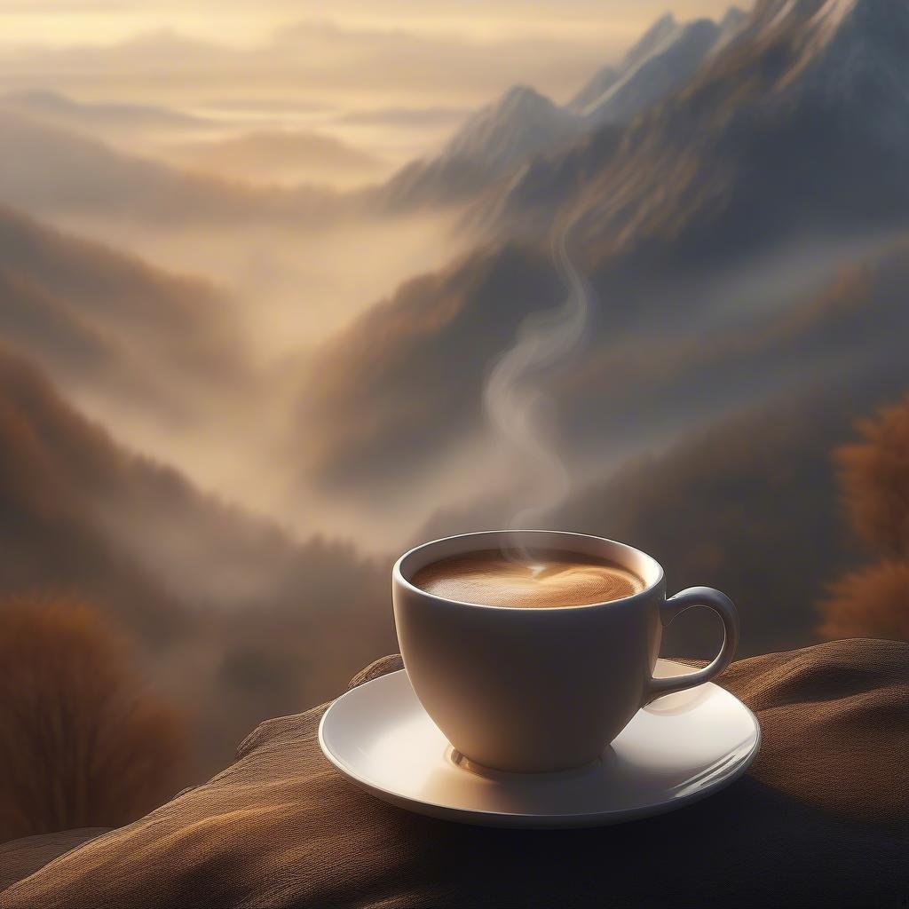 Relaxing in nature's embrace with a warm cup of coffee, overlooking a misty mountain valley. The perfect blend of tranquility and comfort.