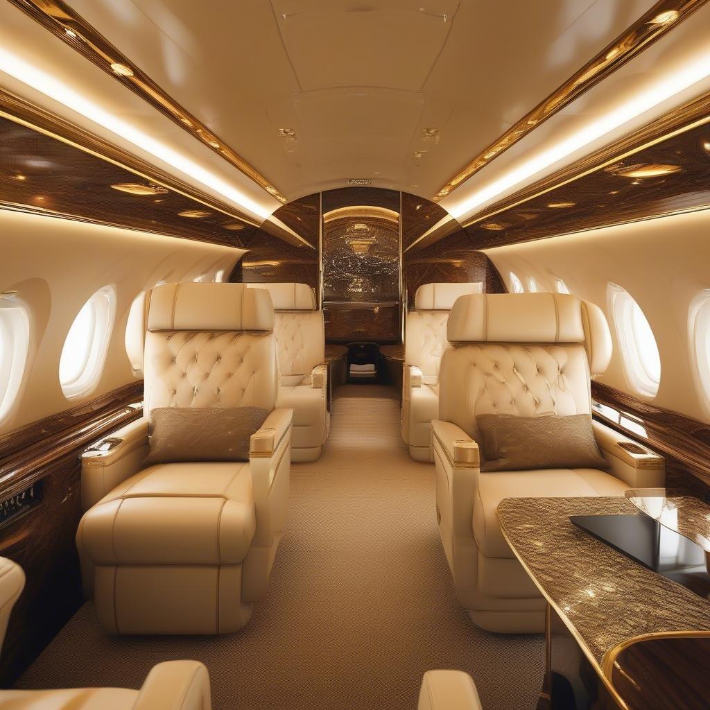 Experience the ultimate in air travel comfort with this opulent private jet interior. Recline on plush leather seats while indulging in world-class service.