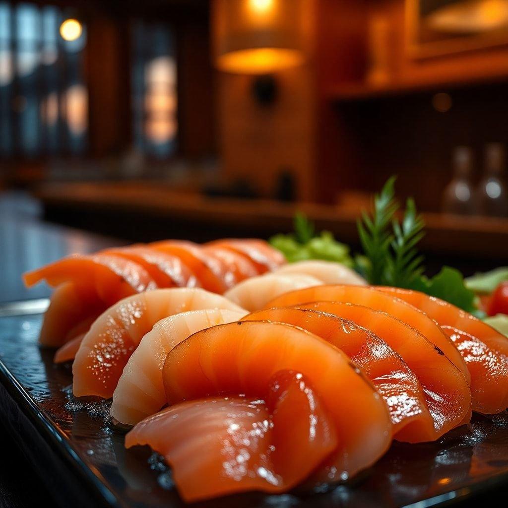 This image is a close-up photograph of a sushi platter, showcasing a variety of fresh and delicious sushi rolls, sashimi, and other Japanese dishes, perfect for a foodie's delight.