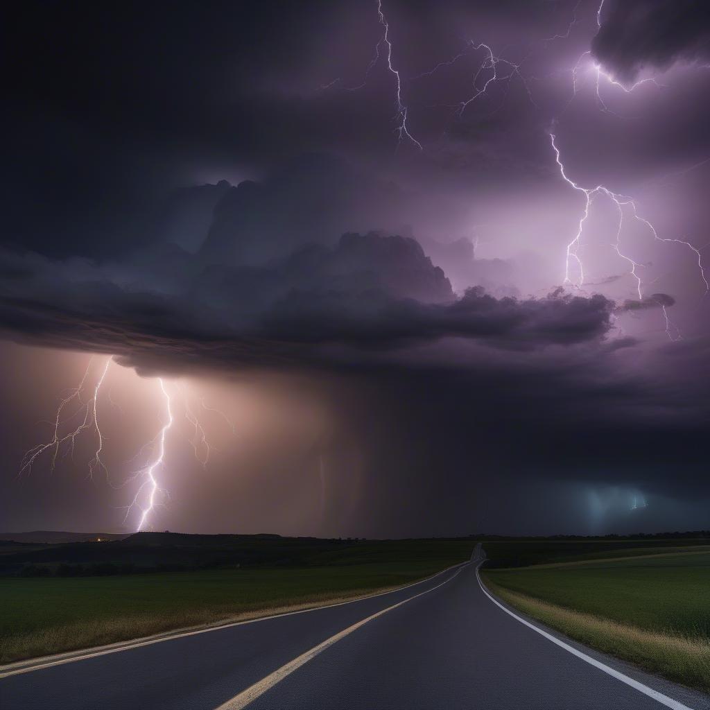 A dramatic roadway scene under a tempestuous sky, where the lightning strikes create an intense atmosphere.