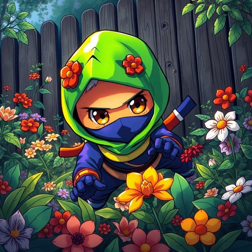 This wallpaper features a young ninja sneaking through a hidden garden, surrounded by a kaleidoscope of green and yellow, with a bright orange ring around its eyes, and a small red flower on its head. The ninja's body is a blend of blue and purple, with a white ring around its neck. The ninja has a white ring around its eyes and a yellow ring around its nose. The scene is filled with light and shadow, with a dark, mysterious atmosphere.