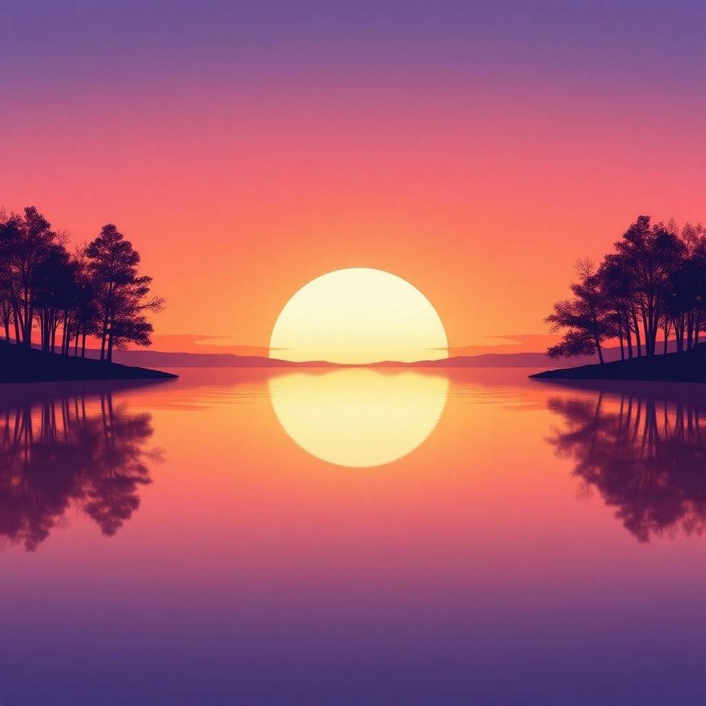 Serene reflection of the sunset on a calm lake, framed by silhouettes of trees on the horizon.