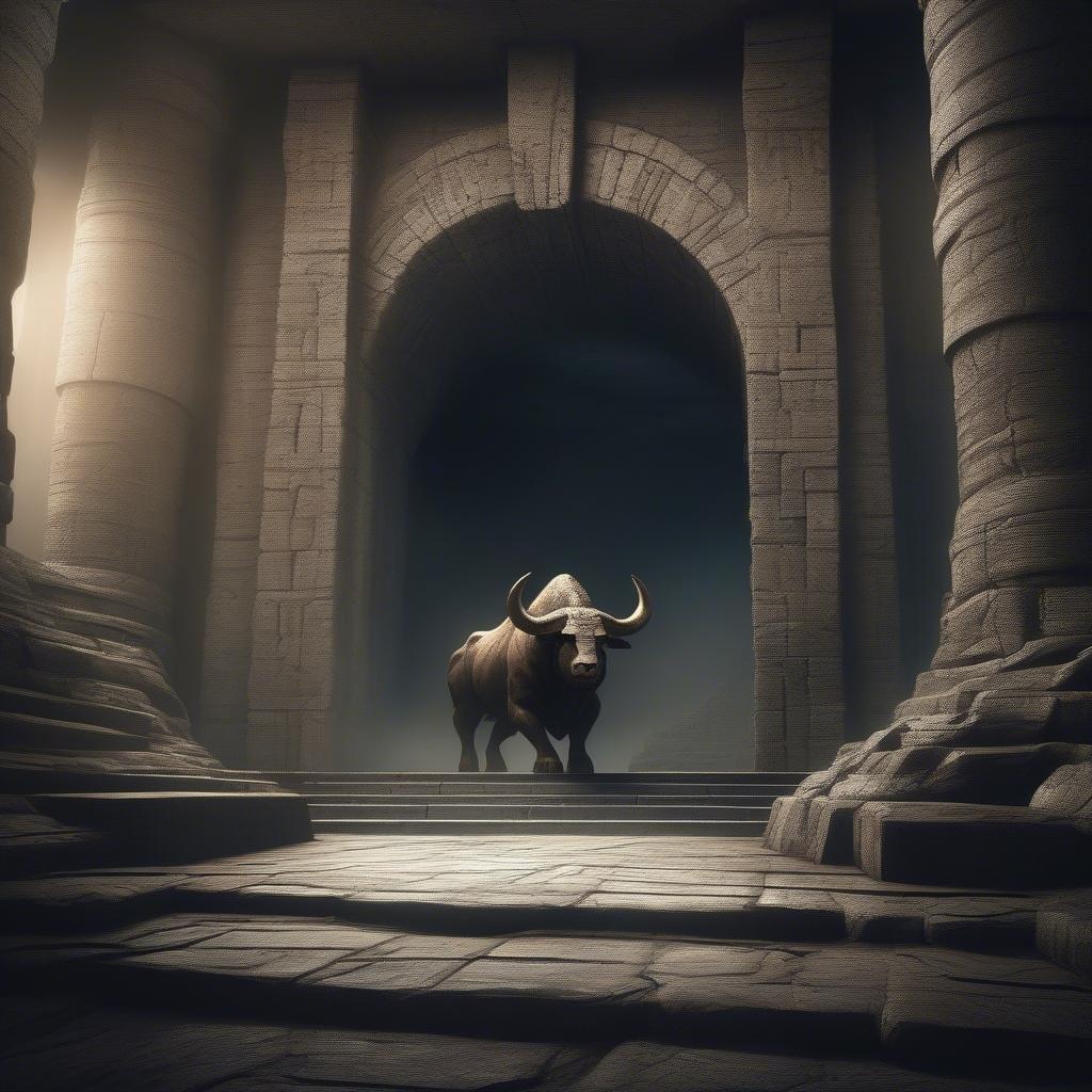 A majestic, mythical creature stands guard at the entrance of an ancient temple. Its horns gleam with a mystical light as it stares out into the unknown.