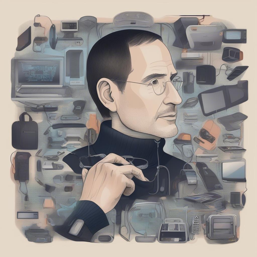 A vintage Steve Jobs, iconic co-founder of Apple Inc., is surrounded by the evolution of technology, symbolizing his influence and impact on modern electronics.