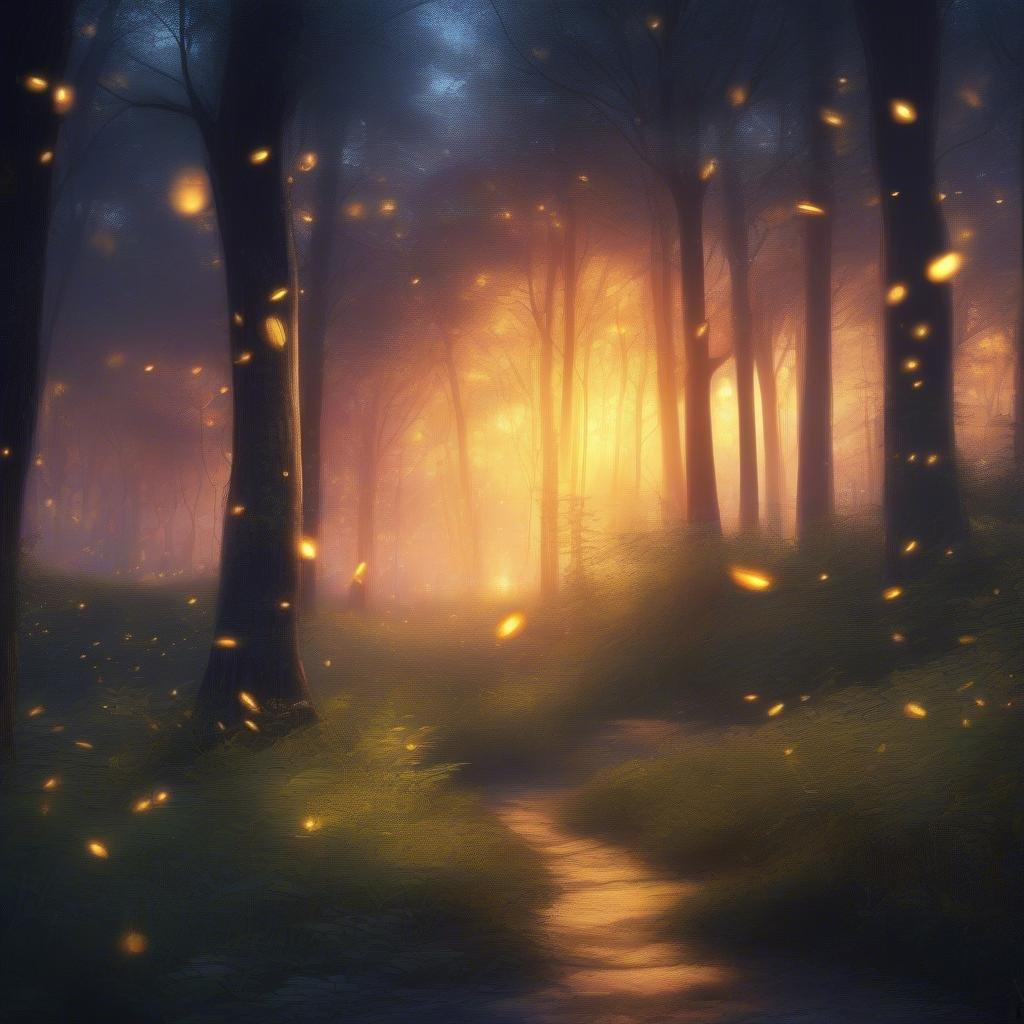 A mystical forest path where the sun dips just below the horizon, casting a warm glow on the trees and sparkling with fireflies.