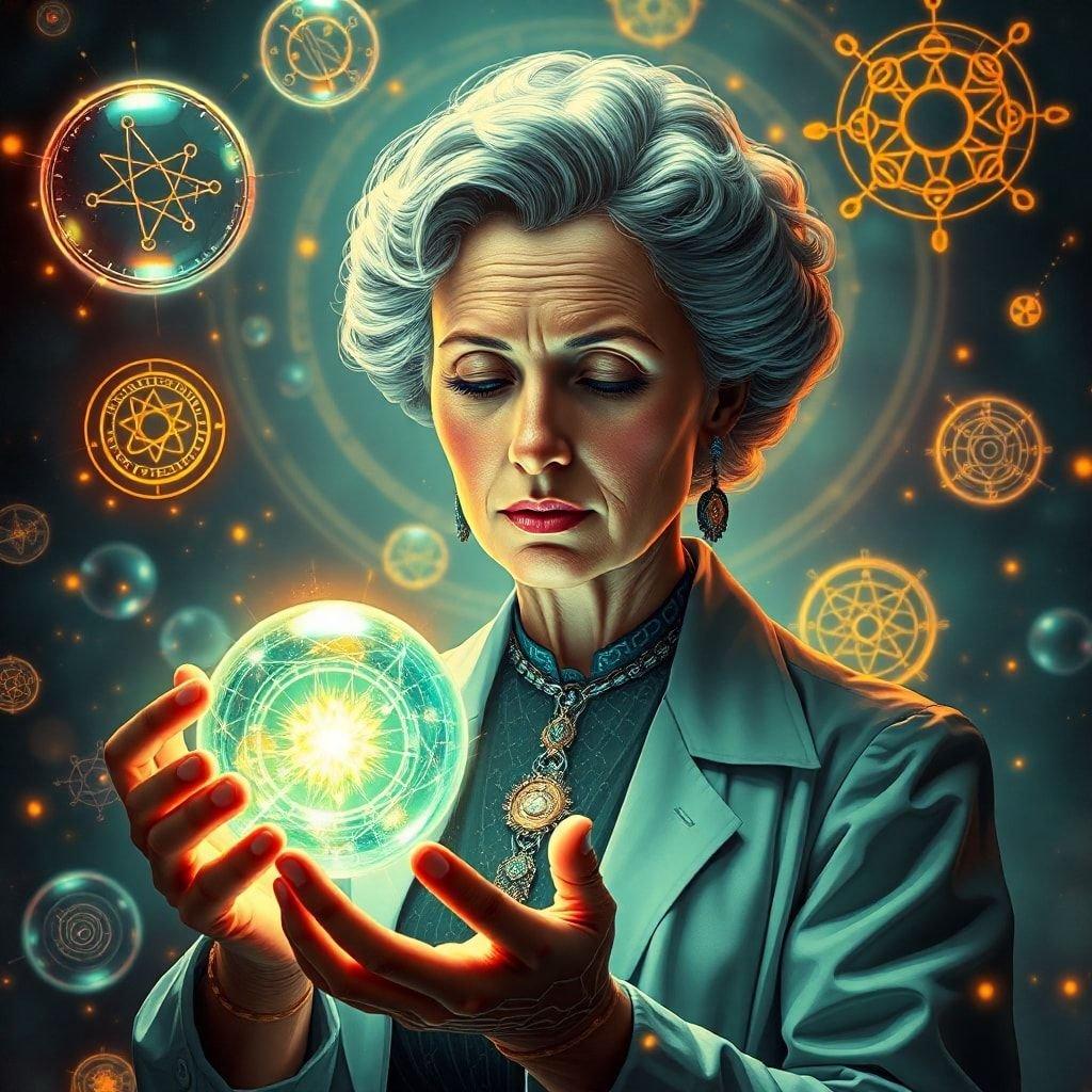 Dans un royaume où la science fusionne avec le mystique, elle est la gardienne des secrets anciens. Sa sagesse est recherchée par ceux qui osent déverrouiller les mystères de l'univers.