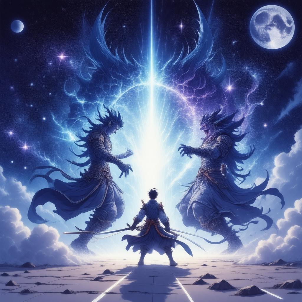 Get ready for an epic battle with this stunning anime wallpaper featuring a warrior facing off against an otherworldly creature in a galaxy of stars and planets.