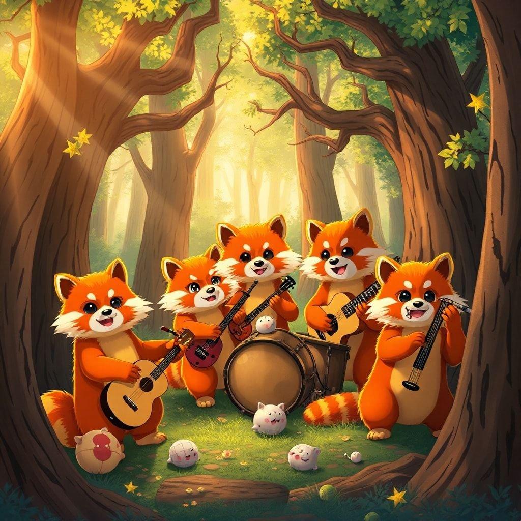 Gör dig redo att groova med denna bedårande anime-bakgrund som visar en grupp tanuki som spelar musikinstrument i en skog. Tanukisarna, med sin livliga orangea och gula päls, är omgivna av en mystisk skog, medan det varma ljuset från den nedgående solen belyser scenen och skapar en förtrollande atmosfär.