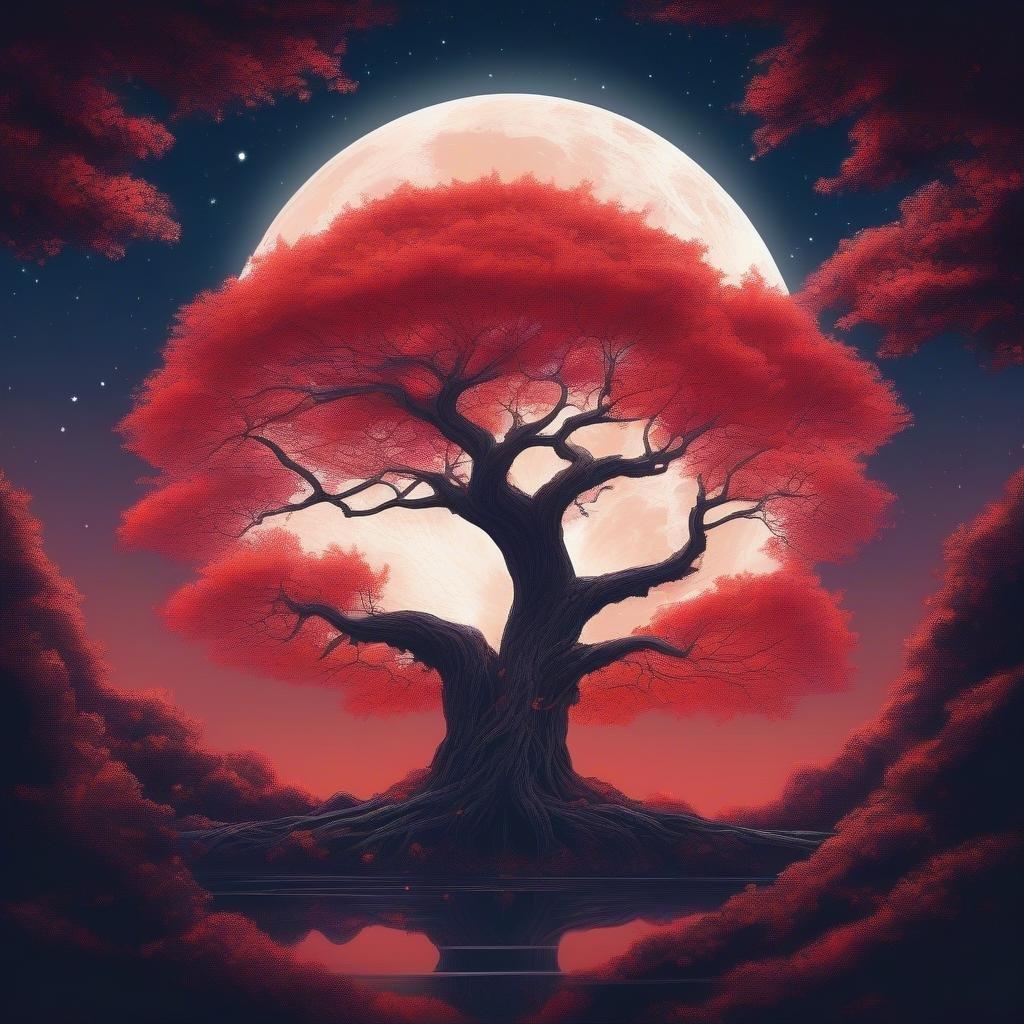 This anime-style wallpaper features a giant tree with glowing red leaves, creating an ethereal atmosphere. The full moon in the background adds depth to the scene.