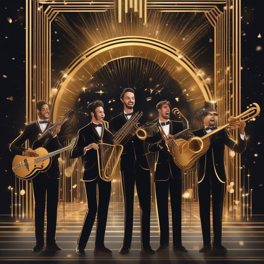 Ring in the new year with this stunning wallpaper featuring a group of men in suits playing instruments and singing. The perfect way to celebrate the start of a new year.