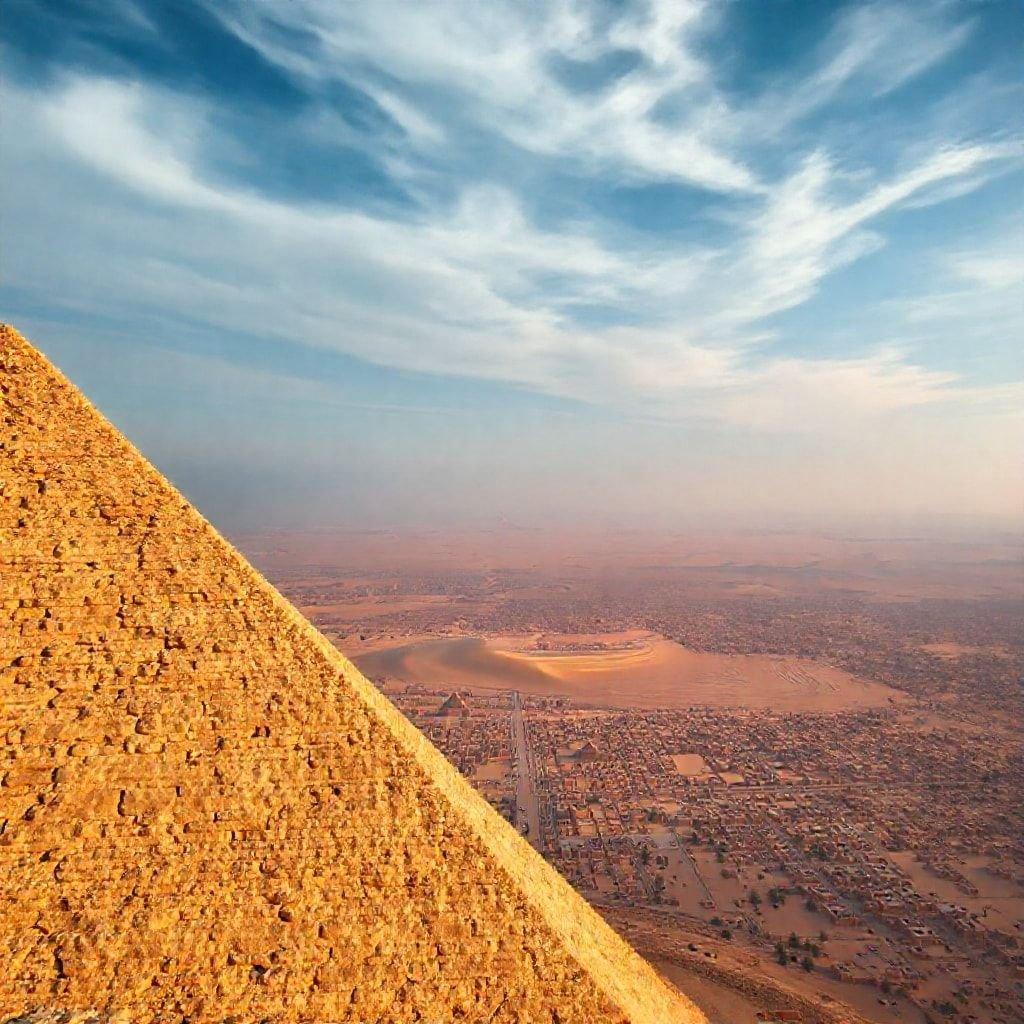 Da un paso atrás en el tiempo hacia la antigua civilización que construyó algunos de los monumentos más impresionantes del mundo. Esta imagen captura las majestuosas Pirámides de Giza al atardecer, vistas desde la cima de una de las pirámides.