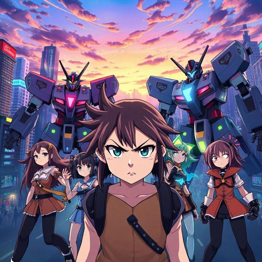 This anime wallpaper features a group of young girls battling giant robots in a vibrant cityscape. The focus is on the girl in the foreground, with her determined gaze and determined expressions, while the robots in the background add a sense of motion. The scene captures a moment of tranquility, a moment of stillness, and a story of determination.