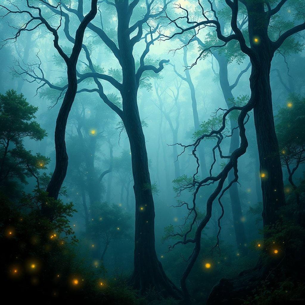 A magical scene in the heart of a misty forest, where nature paints her darkest canvas with twisted tree branches reaching for the moonlit sky. The night is alive with the soft glow of fireflies, adding an enchanting touch to this eerie landscape.