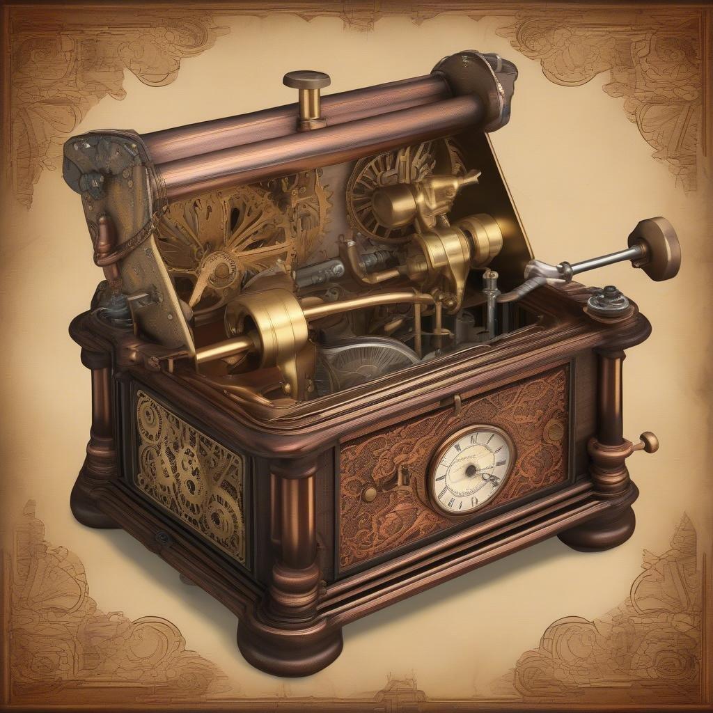 A charming vintage device, crafted with intricate gears and machinery. Open the box to reveal a complex array of brass cogs and wheels.