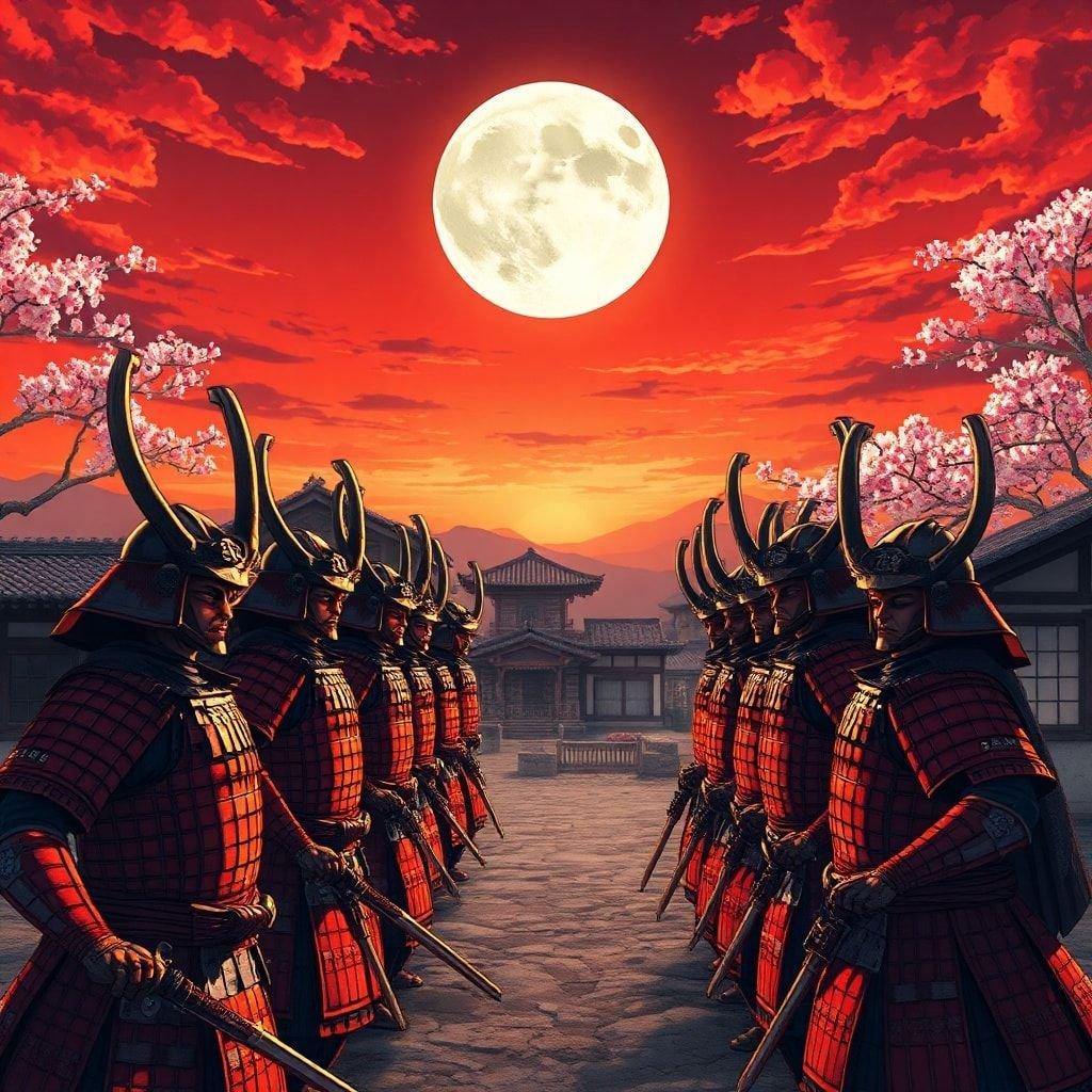 This captivating anime wallpaper showcases a group of samurai warriors in a Japanese village, their horns pointing upwards as they charge towards the moon. The scene is bathed in a warm, red and orange glow, with the full moon casting an ethereal light.