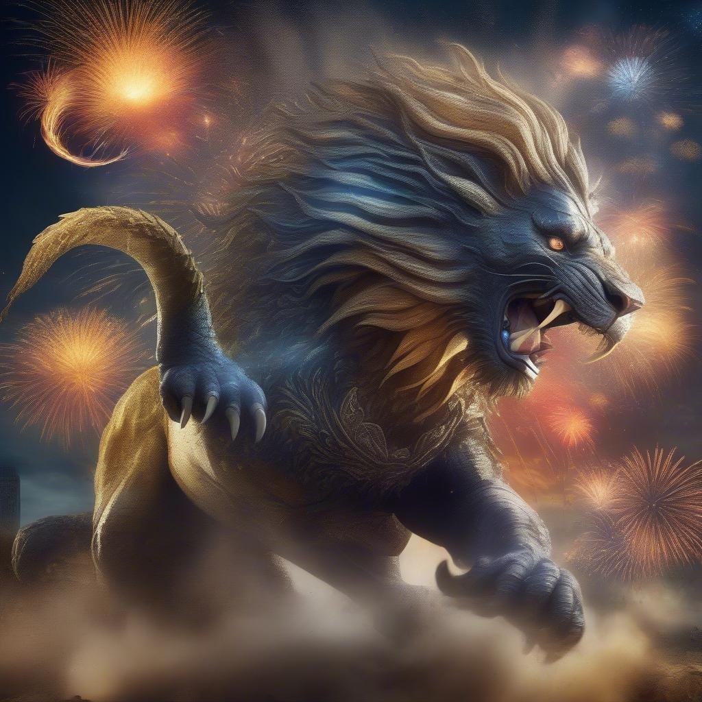 El majestuoso león se erige con orgullo en medio de un espectacular despliegue de fuegos artificiales de Diwali, representando la energía vibrante y la alegría del festival.