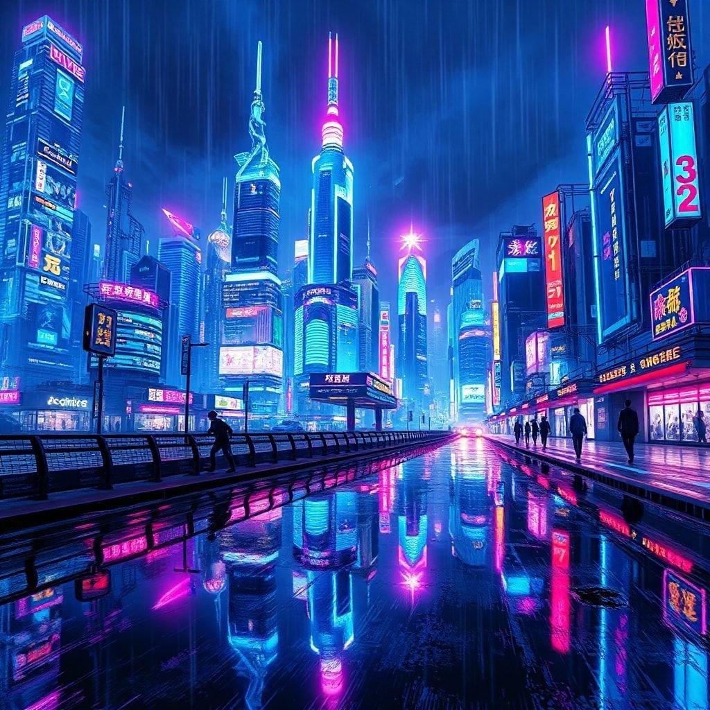 Plongez dans le monde vibrant de l'anime avec ce magnifique fond d'écran de paysage urbain futuriste, mettant en vedette des lumières au néon se reflétant sur le pavé mouillé la nuit.