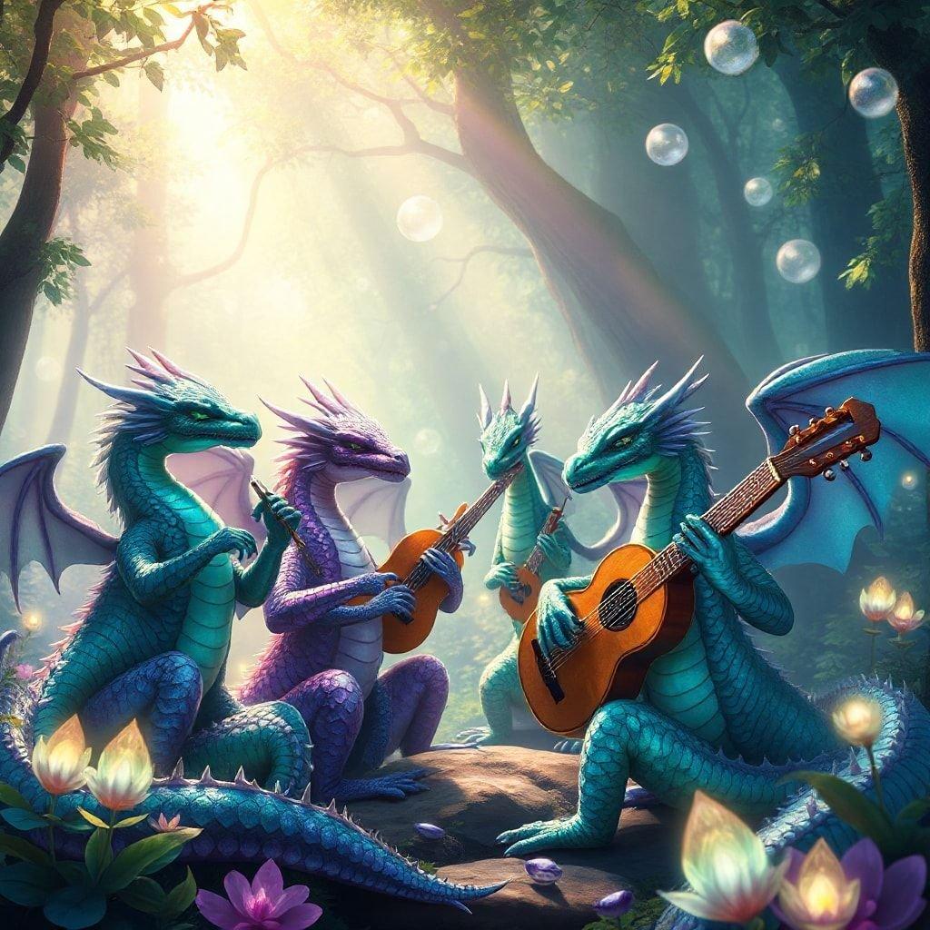 A fantastical scene where four dragons are playing their instruments in a serene forest clearing, evoking a sense of harmony and wonder.