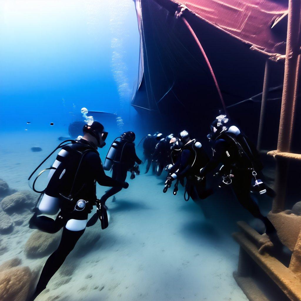 Dieses Bild fängt die Aufregung des Scuba-Diving im Ozean ein, mit einer Gruppe von Tauchern, die das Wrack eines Schiffes erkunden. Die lebendigen Farben und die dynamische Komposition erzeugen ein Gefühl von Energie und Bewegung und ziehen den Betrachter in die Unterwasserwelt.