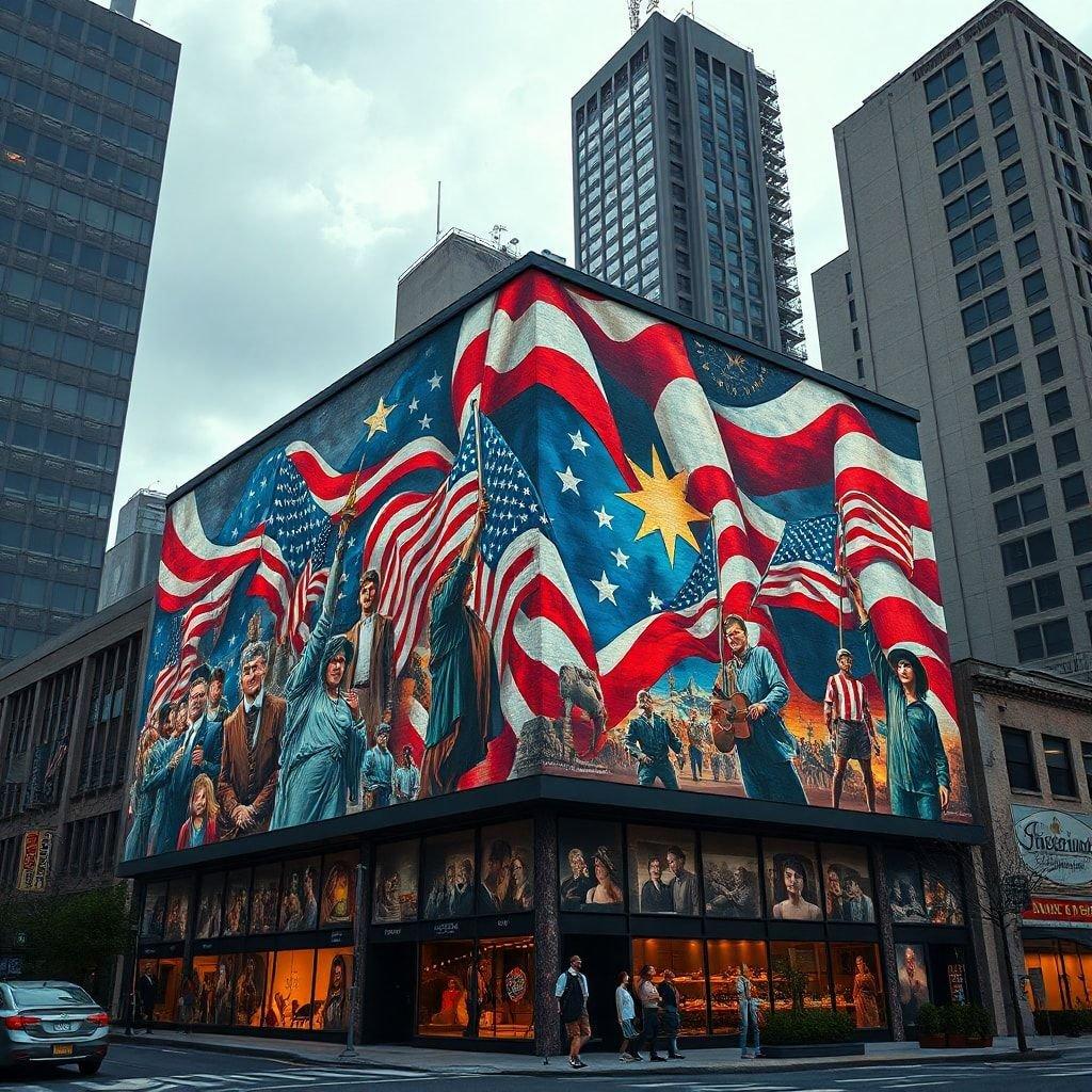 Fira Amerikas anda med denna bakgrundsbild med tema för självständighetsdagen. Bilden visar en stor mural på en byggnad som visar amerikanska flaggor och människor, perfekt för patriotiska firanden.